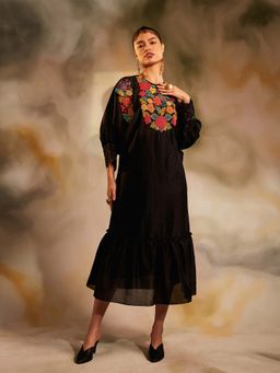 CHANDRIMA - Black Beadwork Kimono Gathered Dress