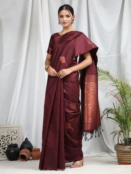 Odette - Maroon Soft Silk Saree with Unstitched Blouse