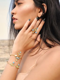 Dhwani Bansal - Striking Iri Cuff In 22K Gold Plated Brass With Turquoise And Lime Enamel