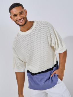 Styli - Men White Premium Cotton Colour Blocked Knit Oversized T-Shirt