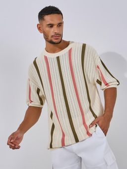 Styli - Men Multicolor Premium Cotton Striped Knit Relaxed T-Shirt