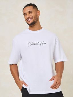 Styli - Men White Premium Knit Embroidered Oversize Cotton Tee