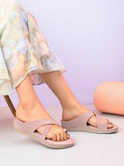 XE Looks - Soft And Supportive Engraved Cross Strap Wedge Slippers