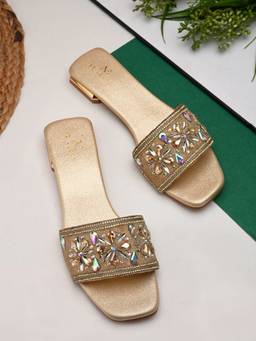 XE Looks - Elegant Floral Stones Embellished Flat Slippers