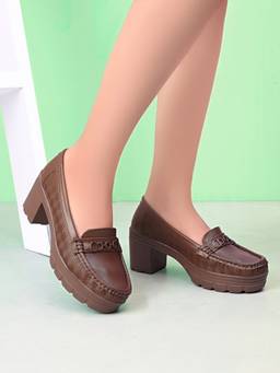 XE Looks - Textured Upper Accent Chunky Platform Block Heel Loafers