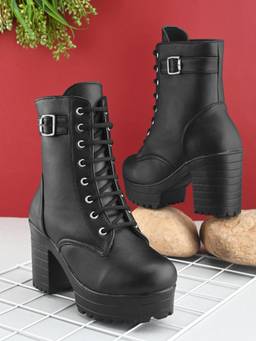 XE Looks - Black Womens Buckle Strap Lace-Up Ankle Boots