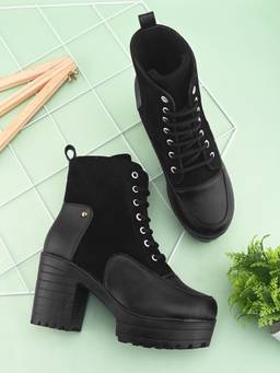 XE Looks - Black Womens Lace-Up Platform Ankle Boots