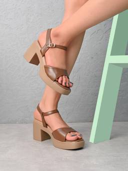XE Looks - Brown Sleek Ankle Strap Cushioned Block Heel