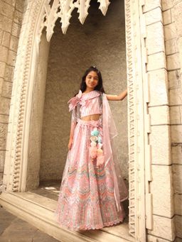 Fayon Kids - Pink Sequence Crop Top with Lehenga (Set of 2)