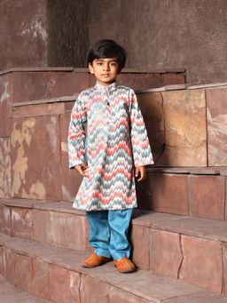 Fayon Kids - Blue Zik Zak Kurta with Pant (Set of 2)