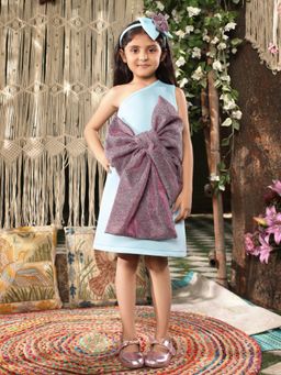 Fayon Kids - Blue Lycra Dress with Purple Shimmer Bow