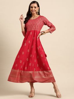 Gerua By Libas - Pink Printed Viscose Rayon Fit and Flare Dress