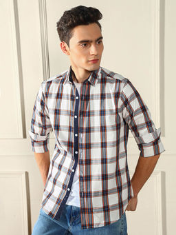 Dennis Lingo - White Tartan Checks Collar Cotton Regular Fit Casual Shirt