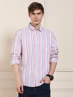 Dennis Lingo - Pink Striped Spread Collar Long Sleeves Cotton Casual Shirt