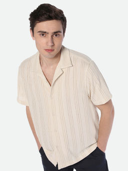 Dennis Lingo - Beige Cotton Cuban Collar Textured Striped Casual Shirt
