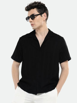 Dennis Lingo - Black Cotton Cuban Collar Textured Striped Casual Shirt