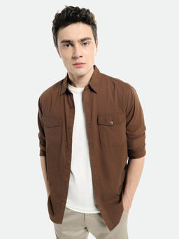 Dennis Lingo - Men Brown Collar Neck Solid Casual Shirt