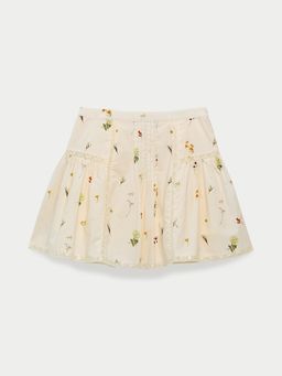 Pomelo - Floral Lace Trim Flare Mini Skirt - Cream