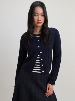 Pomelo - Bow Trim Knit Collar Cardigan - Navy Blue
