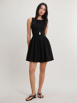 Pomelo - Square Neck Fit Flare Mini Dress - Black