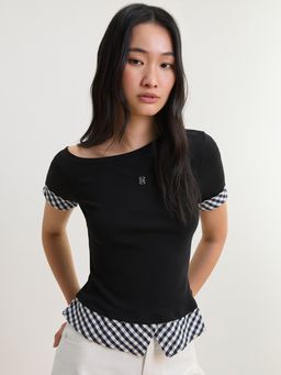 Pomelo - Gingham Trim One Shoulder Blouse Top - Black