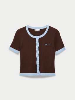 Pomelo - Contrast Trim Button Front Knit Top - Brown