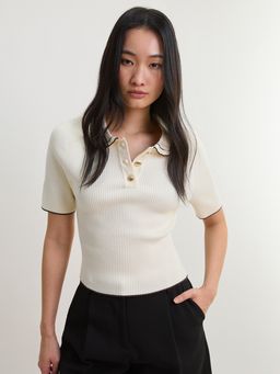 Pomelo - Contrast Trim Polo Knitted Top - Ivory