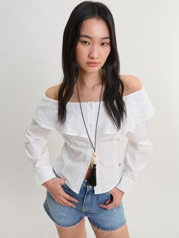 Pomelo - Pleated V Neck Button Blouse Top- White