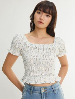 Pomelo - Pleated V Neck Long Sleeve Blouse Top- Ivory