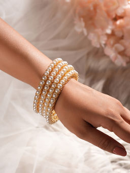 Saraf RS Jewellery - Gold Polish Pearl White Beaded Bangles (Pack of 4)