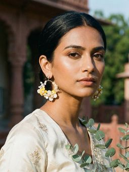 Saraf RS Jewellery - Yellow and White Enamelled and Beaded Floral Dangler Earrings