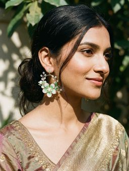 Saraf RS Jewellery - Green and White Enamelled and Beaded Floral Dangler Earrings