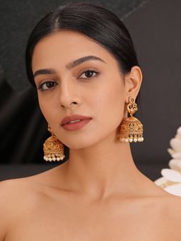 Saraf RS Jewellery - Gold Plated Multi-Color AD Studded Peacock Floral Jhumka Earrings