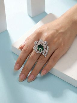 Saraf RS Jewellery - Silver Plated Emerald Green AD Zircon Studded Finger Ring