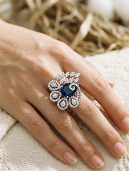 Saraf RS Jewellery - Silver Plated Sapphire Blue AD Zircon Studded Finger Ring