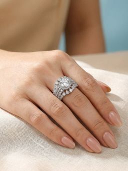 Saraf RS Jewellery - Silver Toned AD Zircon White Solitaire Bridal Finger Ring