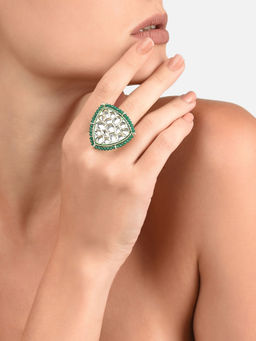Zaveri Pearls - Green Dazzling Crystal Beaded Triangular Kundan Finger Ring-(ZPFK11545)