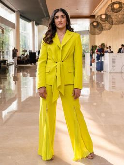 IKI CHIC - Premium Women Green Shoulder Pad Front Tie Blazer And Flared Pants (Set of 2)
