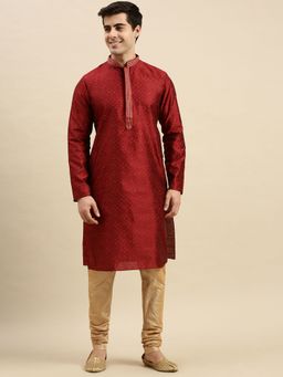 Sanwara - Mens Maroon Embroidered Long Sleeve Art Silk Elegant Kurta with Pyjama (Set of 2)
