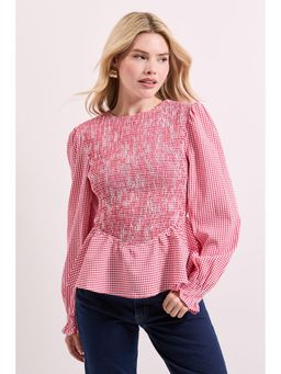 Dorothy Perkins - Gingham Shirred Bodice Blouson Sleeve Peplum Top