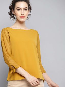 Carlton London - Women Casual Mustard Yellow Lace Detail Solid Top
