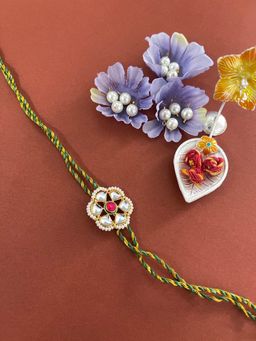 Digital Dress Room - Designer Kundan Flower Rakhi GreenGolden Thread Rakhi