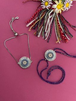 Digital Dress Room - Fancy Silver Plated Round Evil Eye Thread Rakhi & Bracelet (Pack of 2)