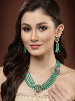 PANASH - Women Gold-Plated Green Stone And Beads-Studded Jewellery Set