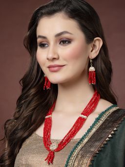 PANASH - Gold-Plated Red Studded Beaded Layered Jewellery Set