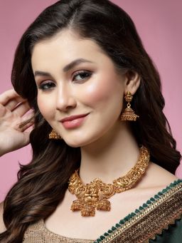 PANASH - Gold Plated Red And Green Stone Studded Temple Jewellery Set