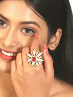 Laida - Gold Plated Handcrafted Ad Studded Floral Ring With Ruby Centre