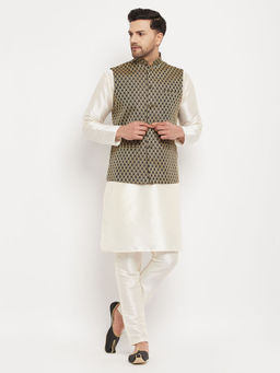 Vastramay - Mens Cream & Black Silk Blend Jacket, Kurta & Pyjama (Set of 3)