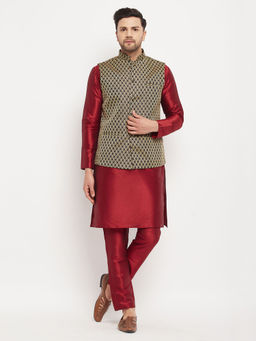 Vastramay - Mens Black & Maroon Silk Blend Jacket, Kurta & Pyjama (Set of 3)
