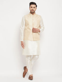 Vastramay - Mens Cream Silk Blend Jacket, Kurta & Pyjama (Set of 3)